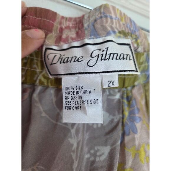 NWT Diane Gillman Grey Pink Green Floral 100% Silk A-Line Midi Pull On Skirt 2X - Picture 4 of 6